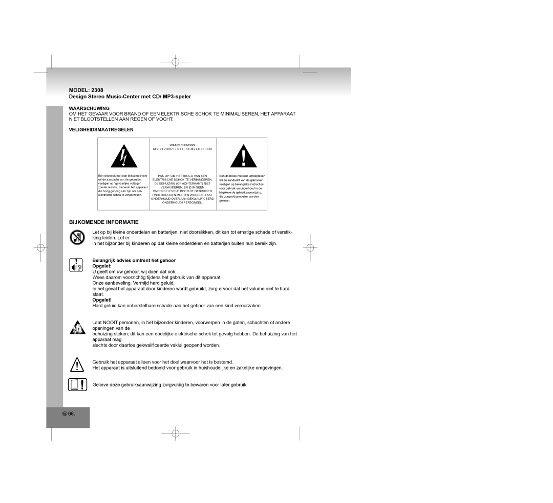 Elta 2308 Model Design Stereo Music-Center met CD/ MP3-speler, Bijkomende Informatie, Waarschuwing, Veligheidsmaatregelen 
