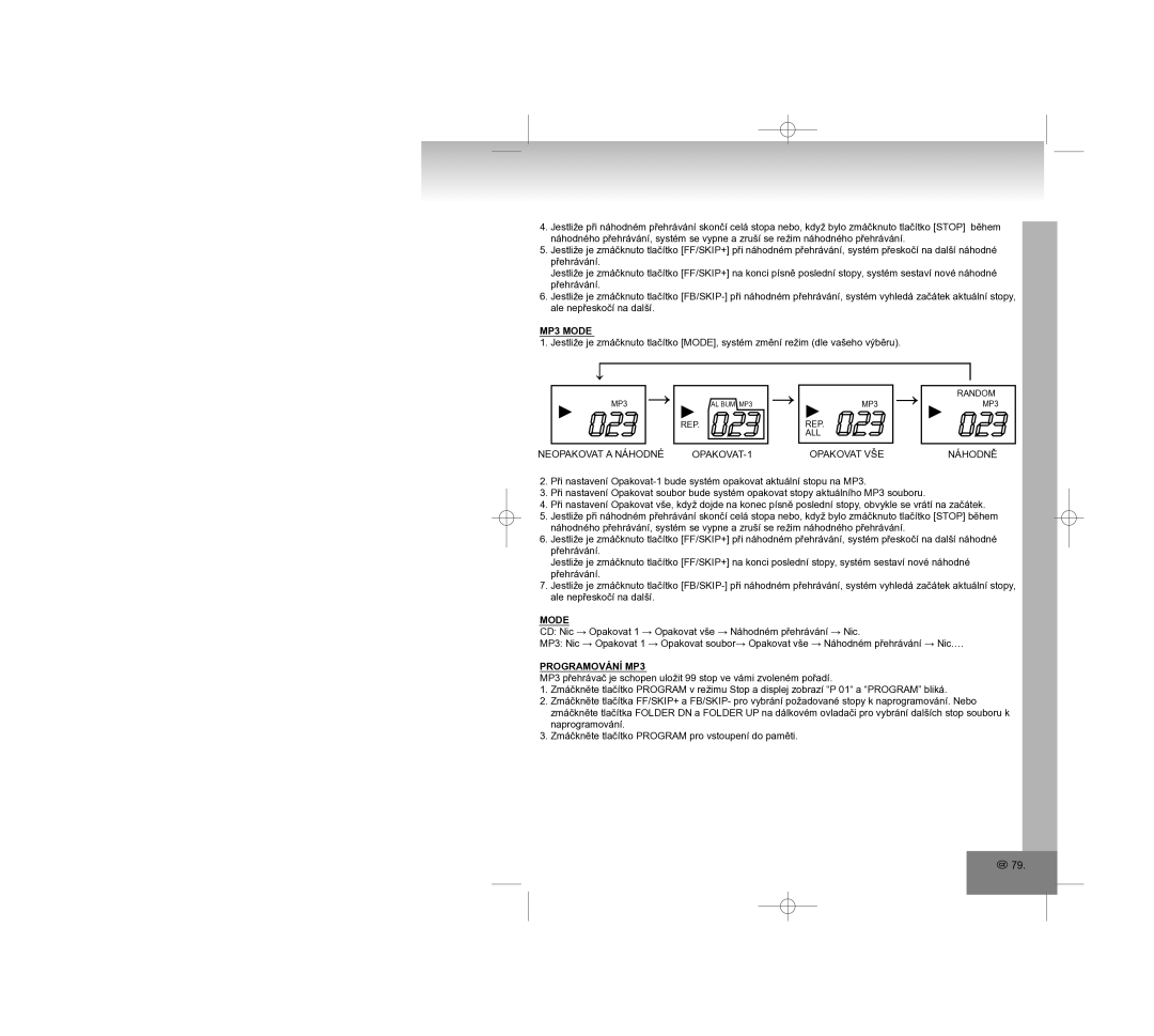 Elta 2308 manual MP3 Mode, Opakovat VŠE Náhodně, Programování MP3 