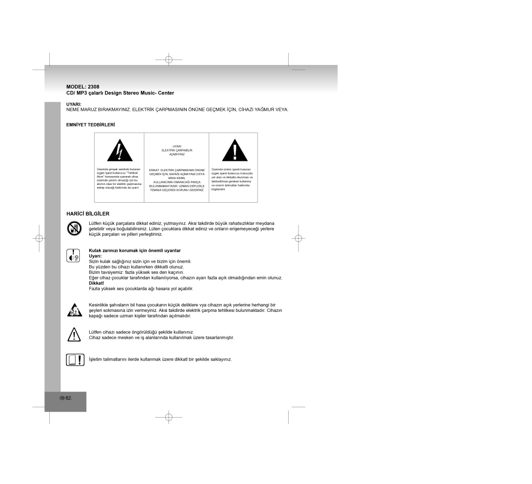 Elta 2308 manual Model CD/ MP3 çalarlı Design Stereo Music- Center, Harİcİ Bİlgİler, Uyari, Emnİyet Tedbİrlerİ 