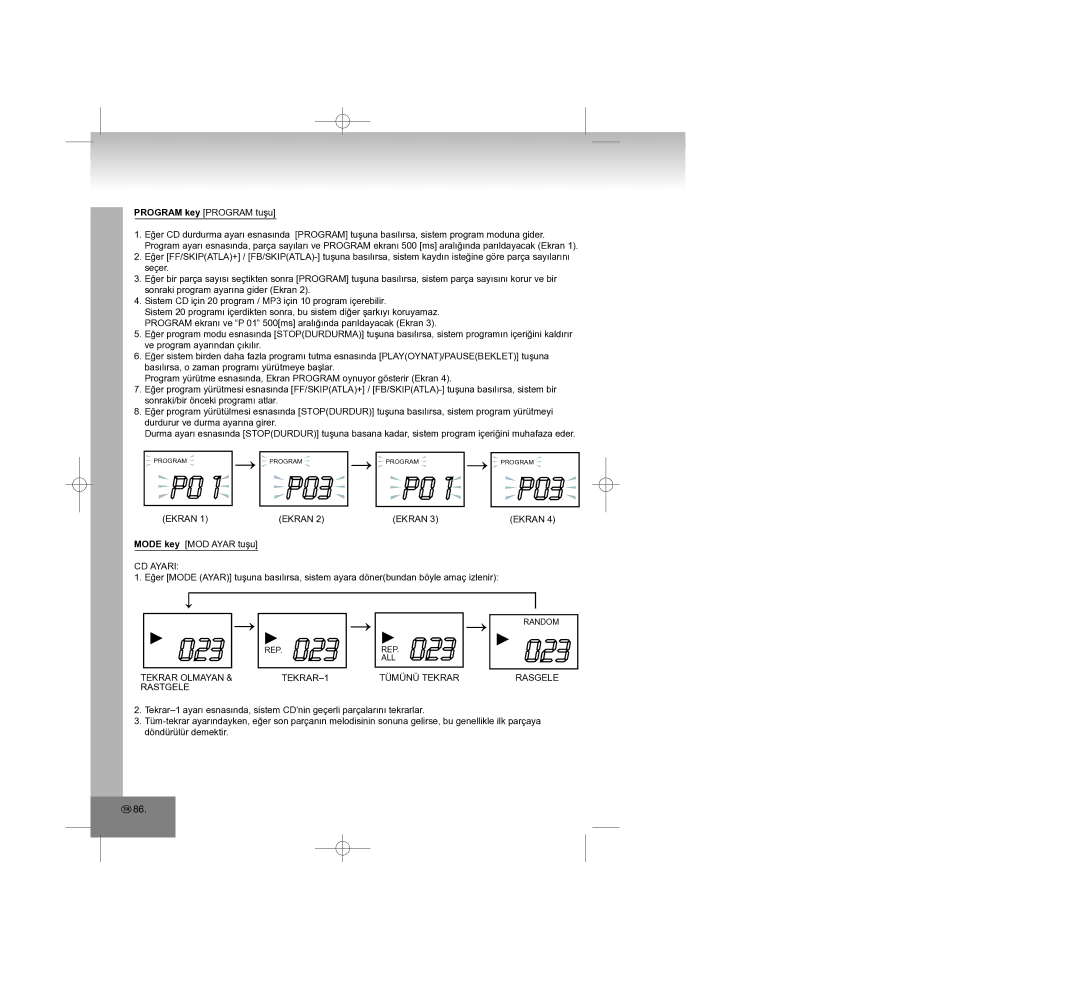 Elta 2308 manual Ekran, CD Ayari, Tekrar Olmayan TEKRAR-1 Tümünü Tekrar Rasgele Rastgele 