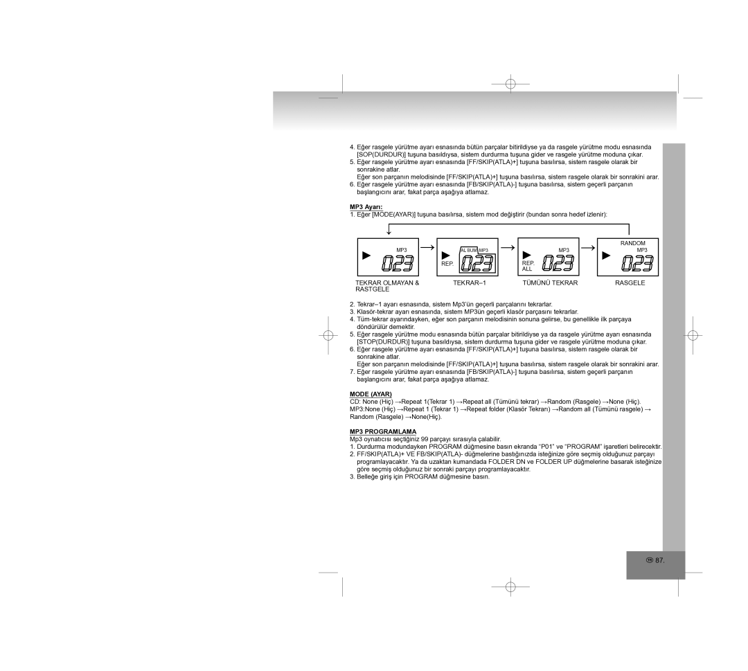 Elta 2308 manual MP3 Ayarı, Tekrar Olmayan TEKRAR-1 Rastgele, Tümünü Tekrar Rasgele, Mode Ayar, MP3 Programlama 