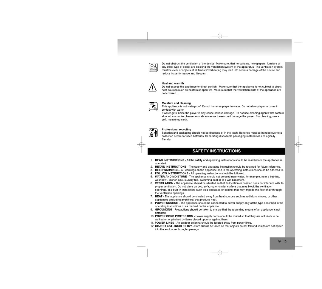 Elta 2309 manual Safety Instructions, Heat and warmth, Moisture and cleaning, Professional recycling 