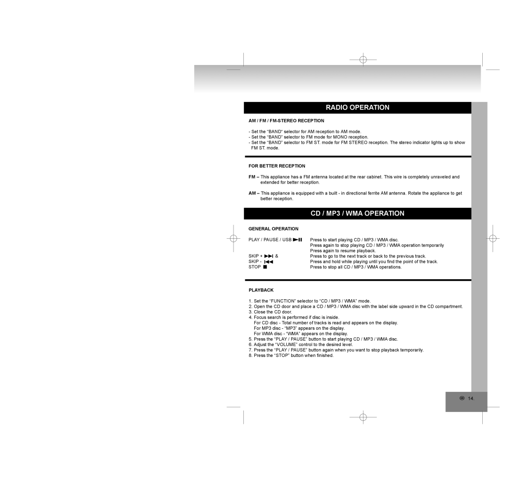 Elta 2309 manual CD / MP3 / WMA Operation, AM / FM / FM-STEREO Reception, For Better Reception, Playback 