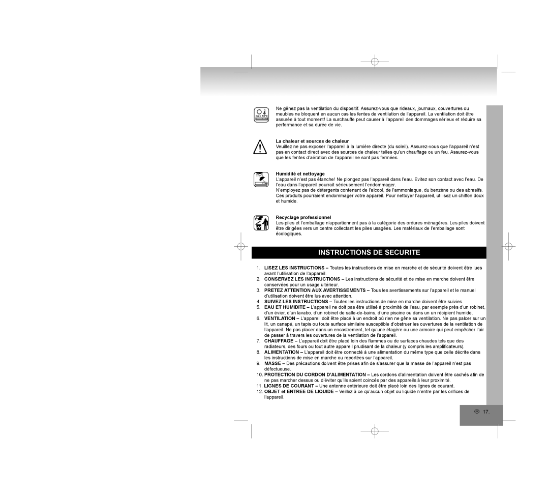 Elta 2309 manual Instructions DE Securite, La chaleur et sources de chaleur, Humidité et nettoyage, Recyclage professionnel 