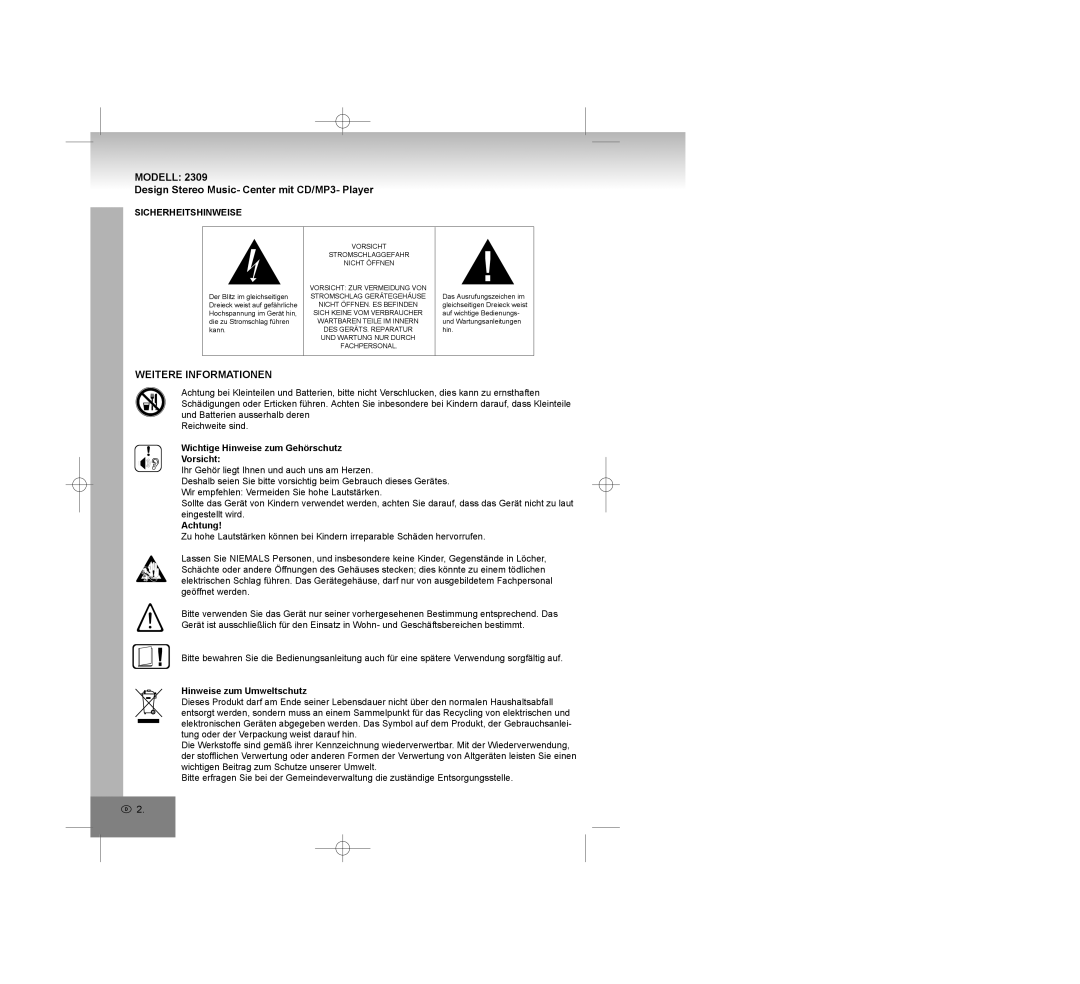 Elta 2309 manual Weitere Informationen, Sicherheitshinweise, Wichtige Hinweise zum Gehörschutz Vorsicht, Achtung 