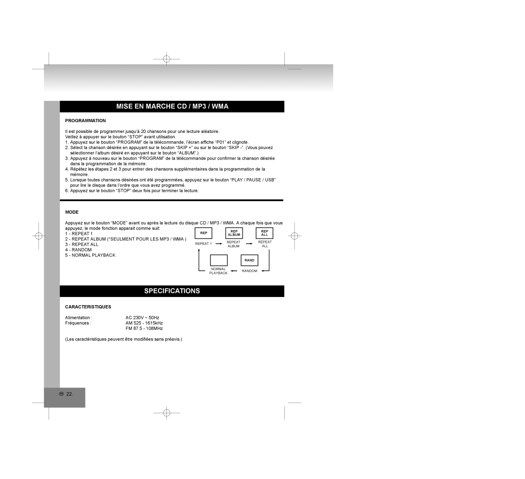 Elta 2309 manual Programmation, Caracteristiques 