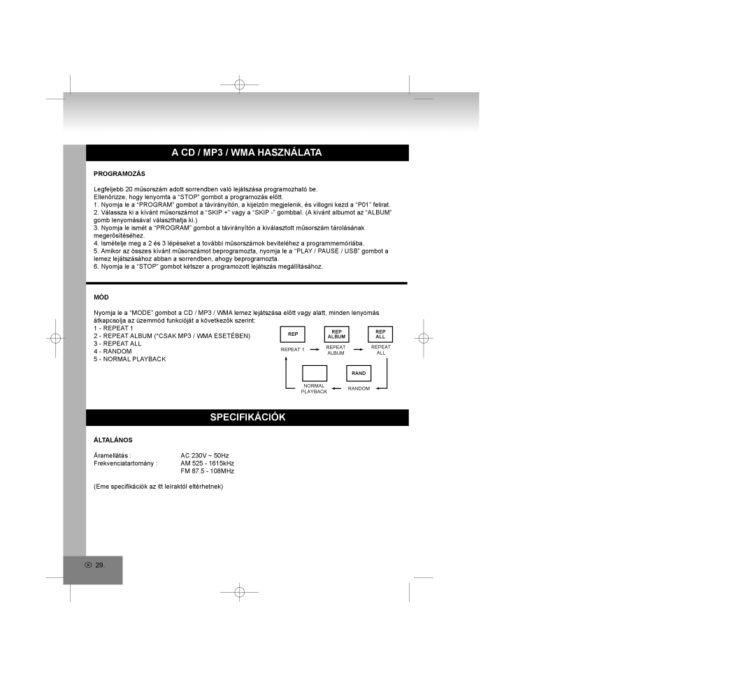 Elta 2309 manual Programozás, Mód, Általános 