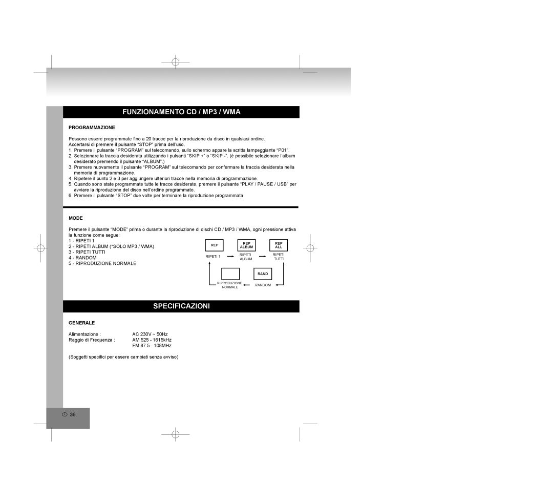 Elta 2309 manual Specificazioni, Programmazione, Generale 