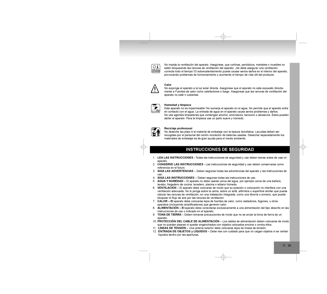 Elta 2309 manual Instrucciones DE Seguridad, Calor, Humedad y limpieza, Reciclaje profesional 