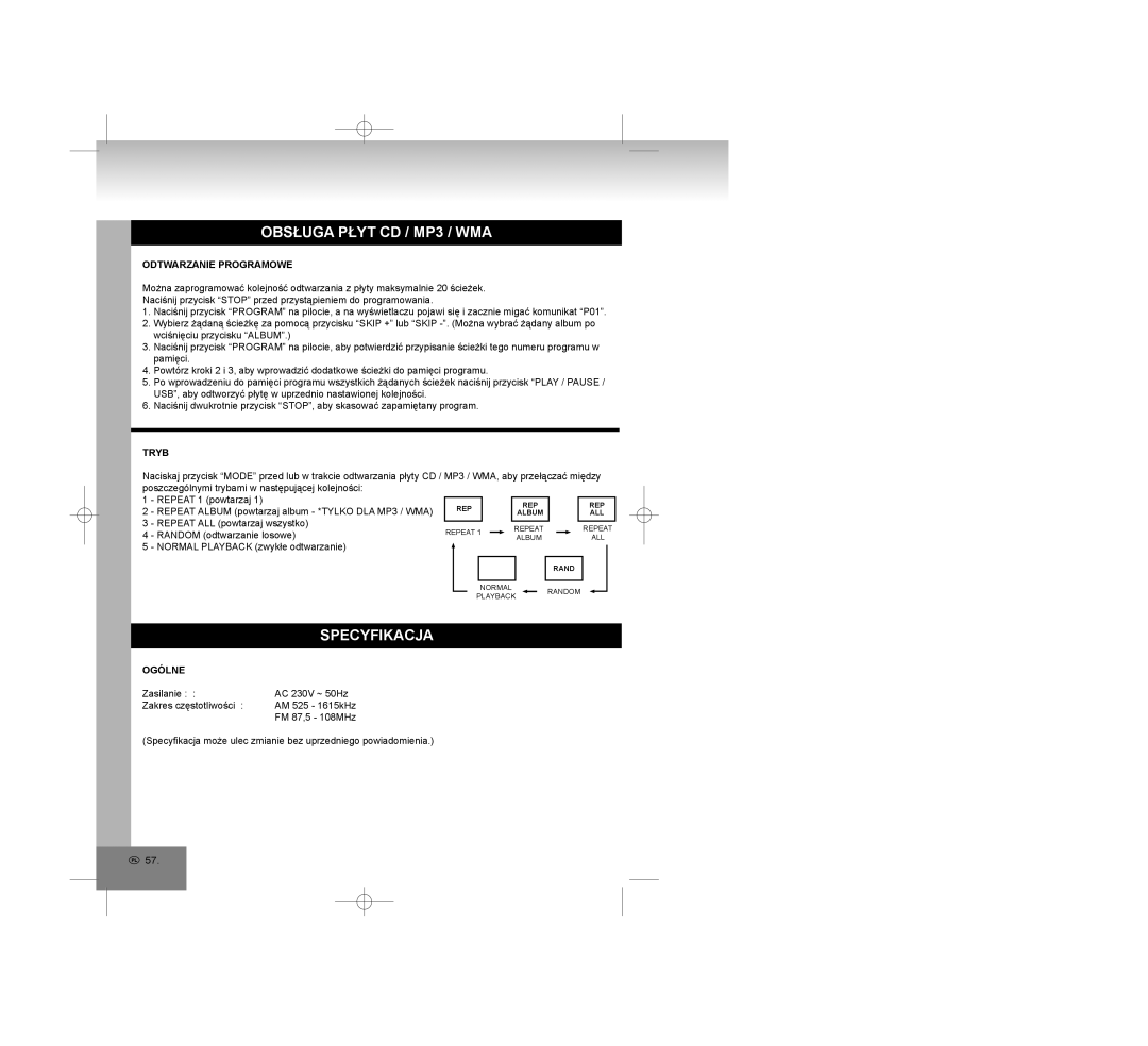 Elta 2309 manual Odtwarzanie Programowe, Tryb, Ogólne 