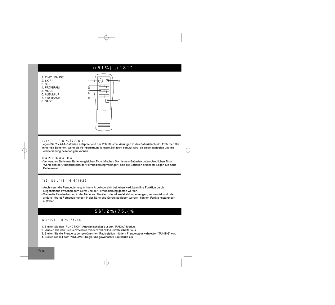 Elta 2309 manual Radiobetrieb, Einlegen DER Batterien, Fernbedienungs-Sensor, Allgemeiner Betrieb 