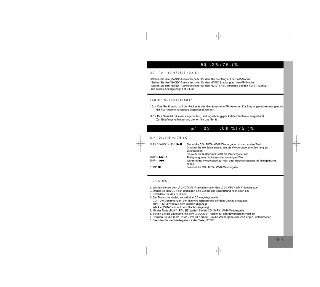 Elta 2309 manual CD / MP3 / WMA-BETRIEB, AM / FM / FM-STEREO Empfang, Empfangsverbesserung, Wiedergabe 