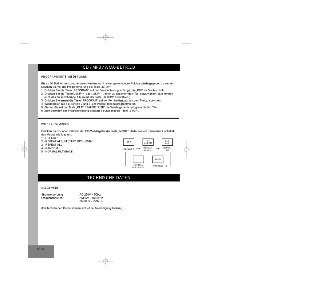 Elta 2309 manual Technische Daten, Programmierte Wiedergabe, Wiederholmodus, Allgemein 