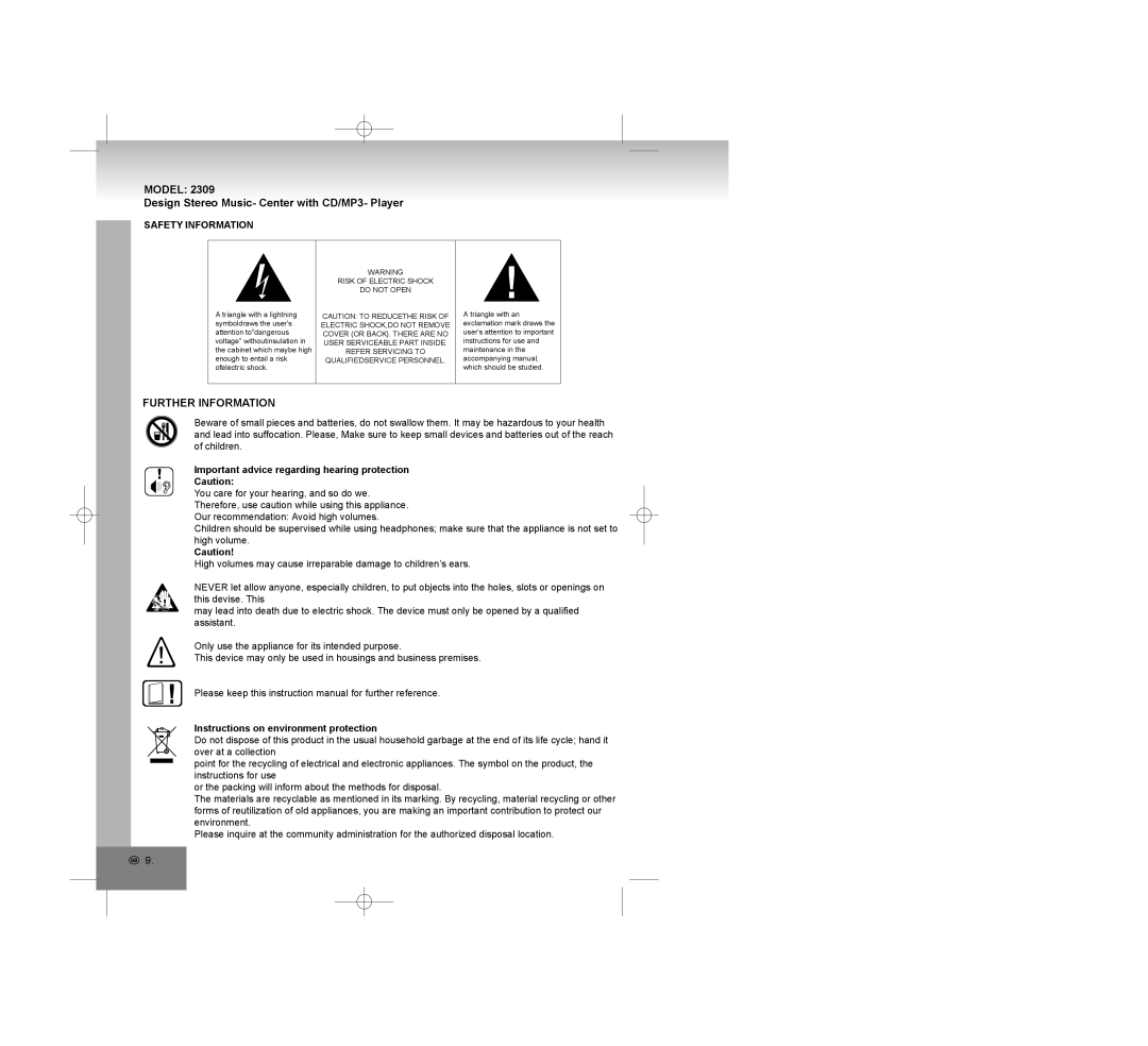 Elta 2309 manual Further Information, Safety Information, Important advice regarding hearing protection 