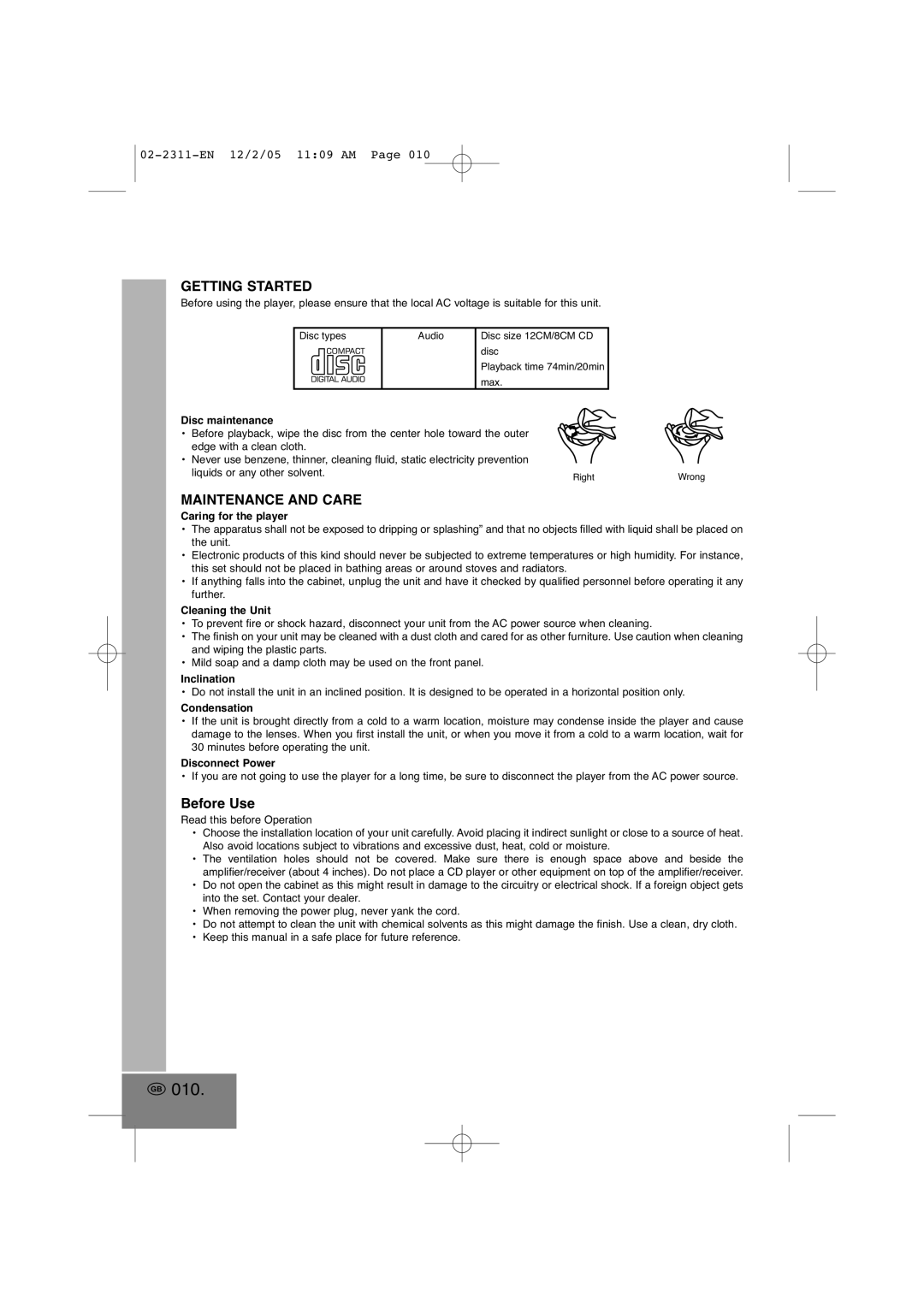 Elta 2311 manual 010, Getting Started, Maintenance and Care, Before Use 