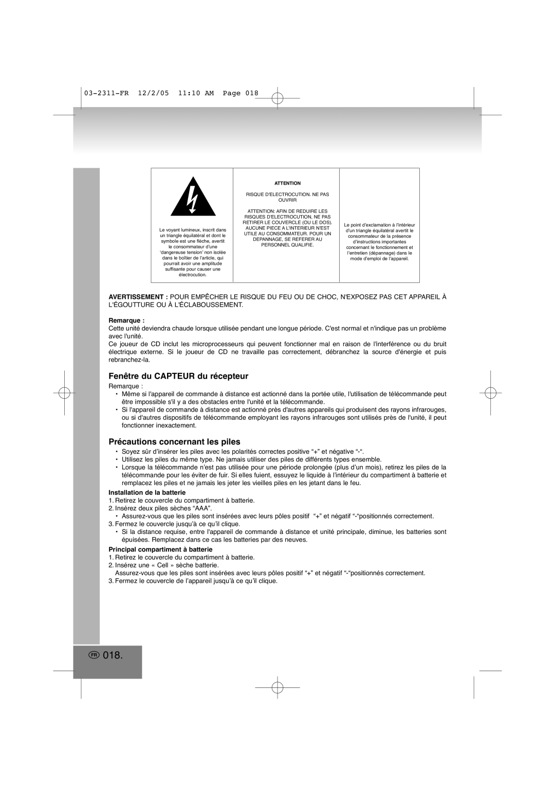 Elta 2311 manual 018, Fenêtre du Capteur du récepteur, Précautions concernant les piles 