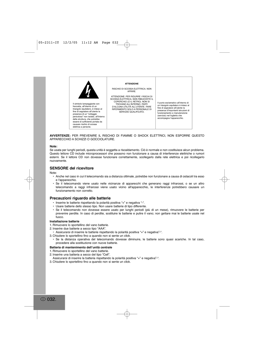 Elta 2311 manual 032, Sensore del ricevitore, Precauzioni riguardo alle batterie, Installazione batterie 