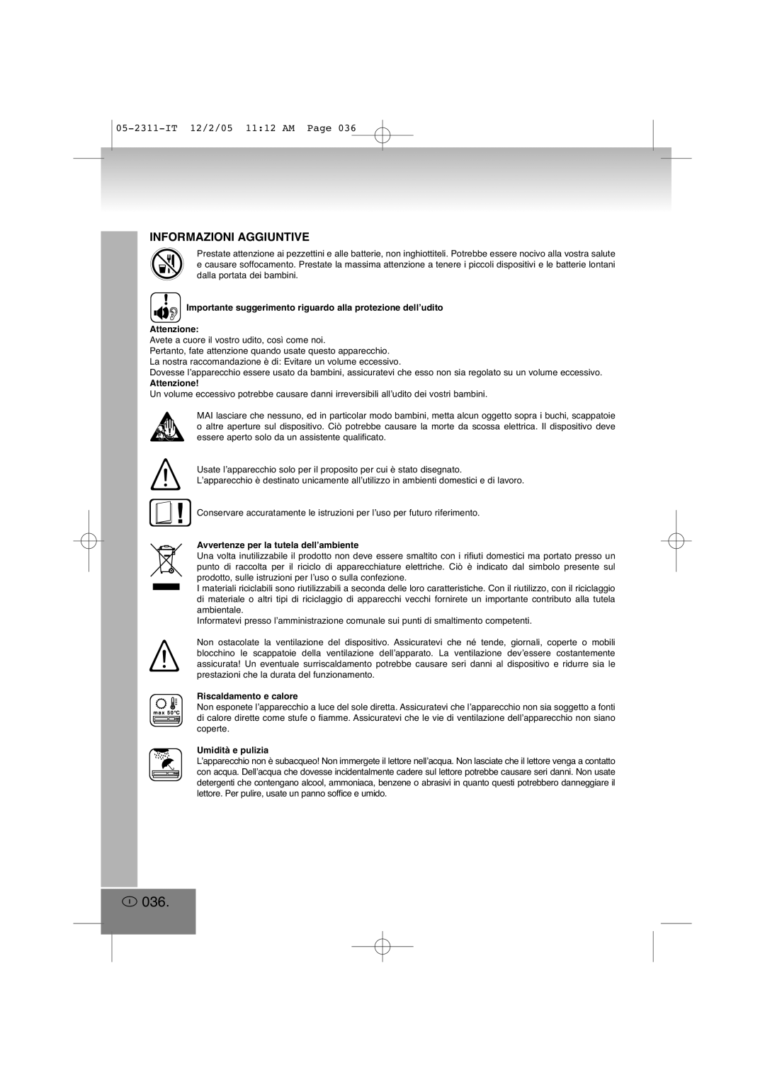 Elta 2311 036, Informazioni Aggiuntive, Avvertenze per la tutela dell’ambiente, Riscaldamento e calore, Umidità e pulizia 