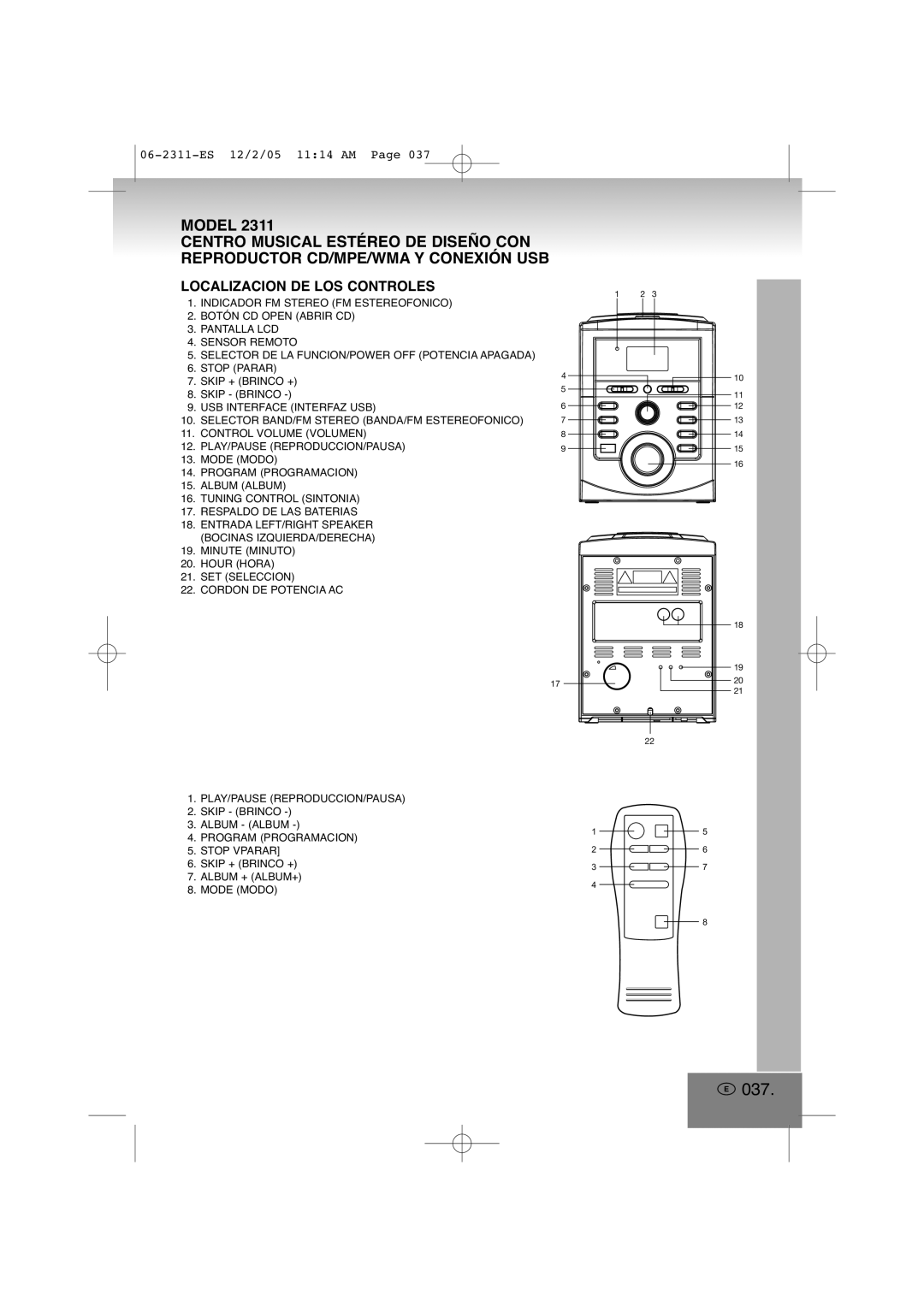 Elta 2311 manual 037, Localizacion DE LOS Controles 