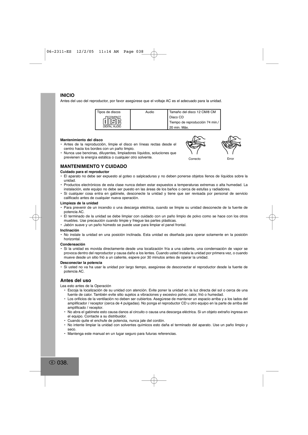 Elta 2311 manual 038, Inicio, Mantenimiento Y Cuidado, Antes del uso 