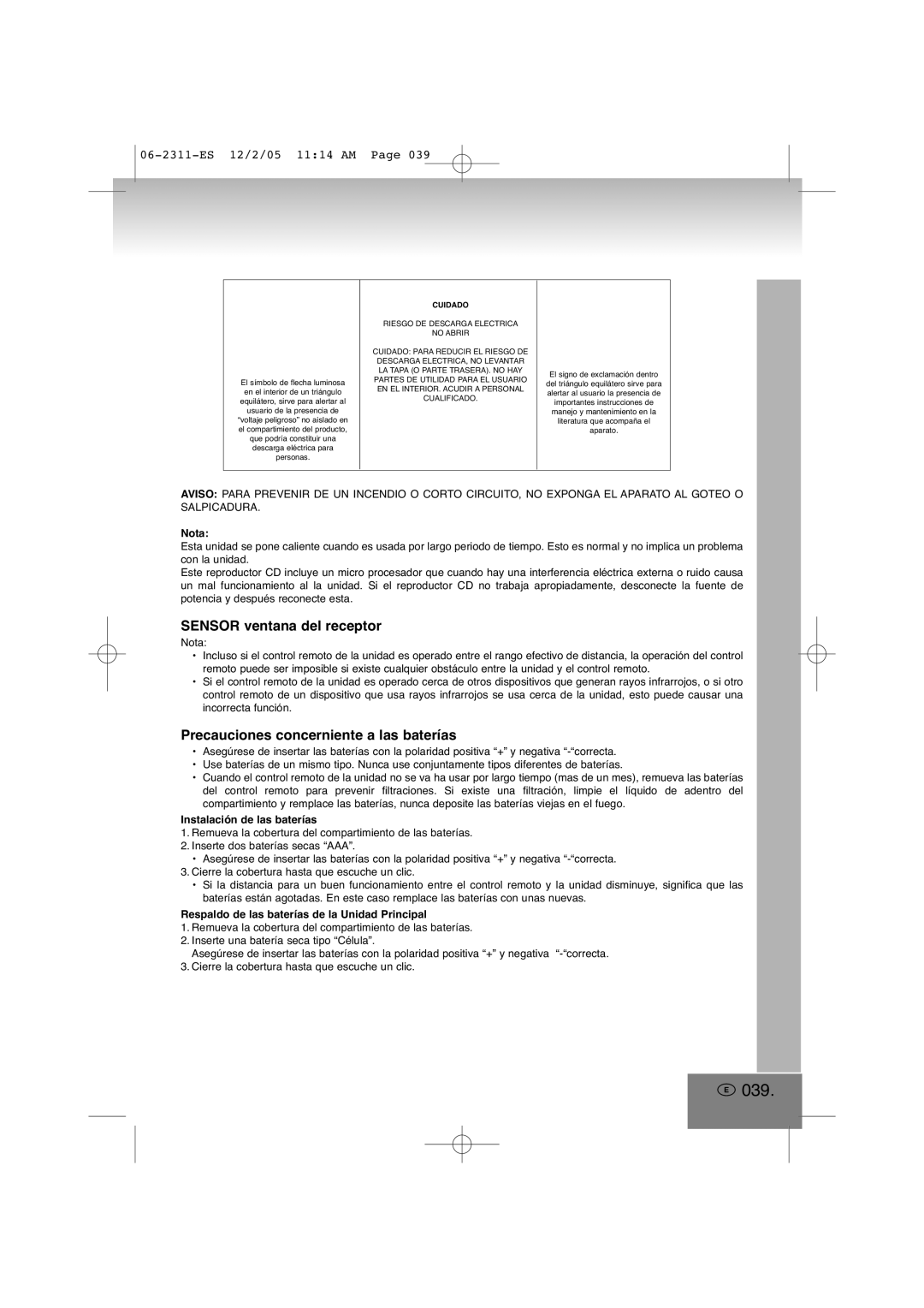 Elta 2311 manual 039, Sensor ventana del receptor, Precauciones concerniente a las baterías 