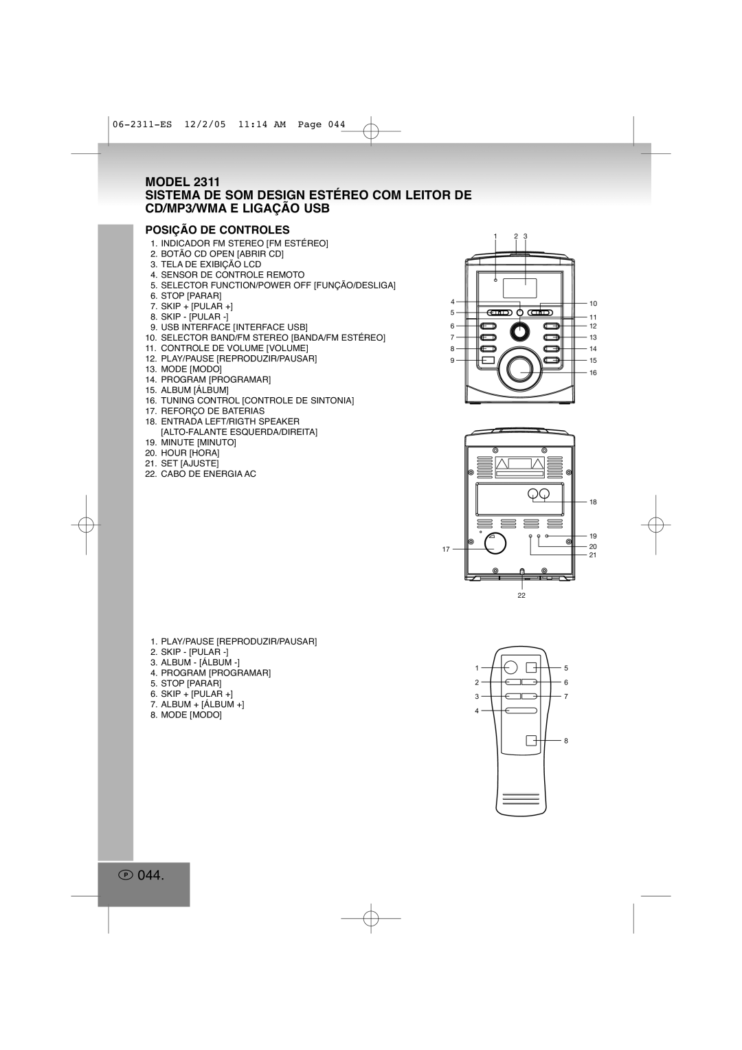 Elta 2311 manual 044, Posição DE Controles 