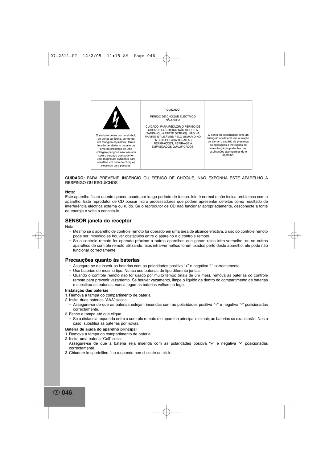 Elta 2311 manual 046, Sensor janela do receptor, Precauções quanto às baterias, Instalação das baterias 