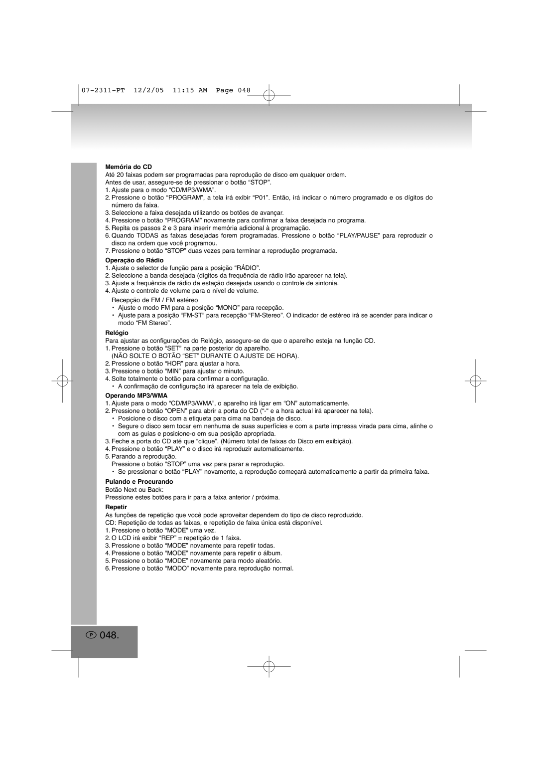 Elta 2311 manual 048, Memória do CD, Operação do Rádio, Relógio, Operando MP3/WMA 