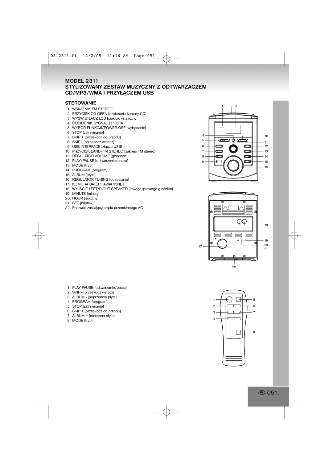 Elta 2311 manual 051, Sterowanie 