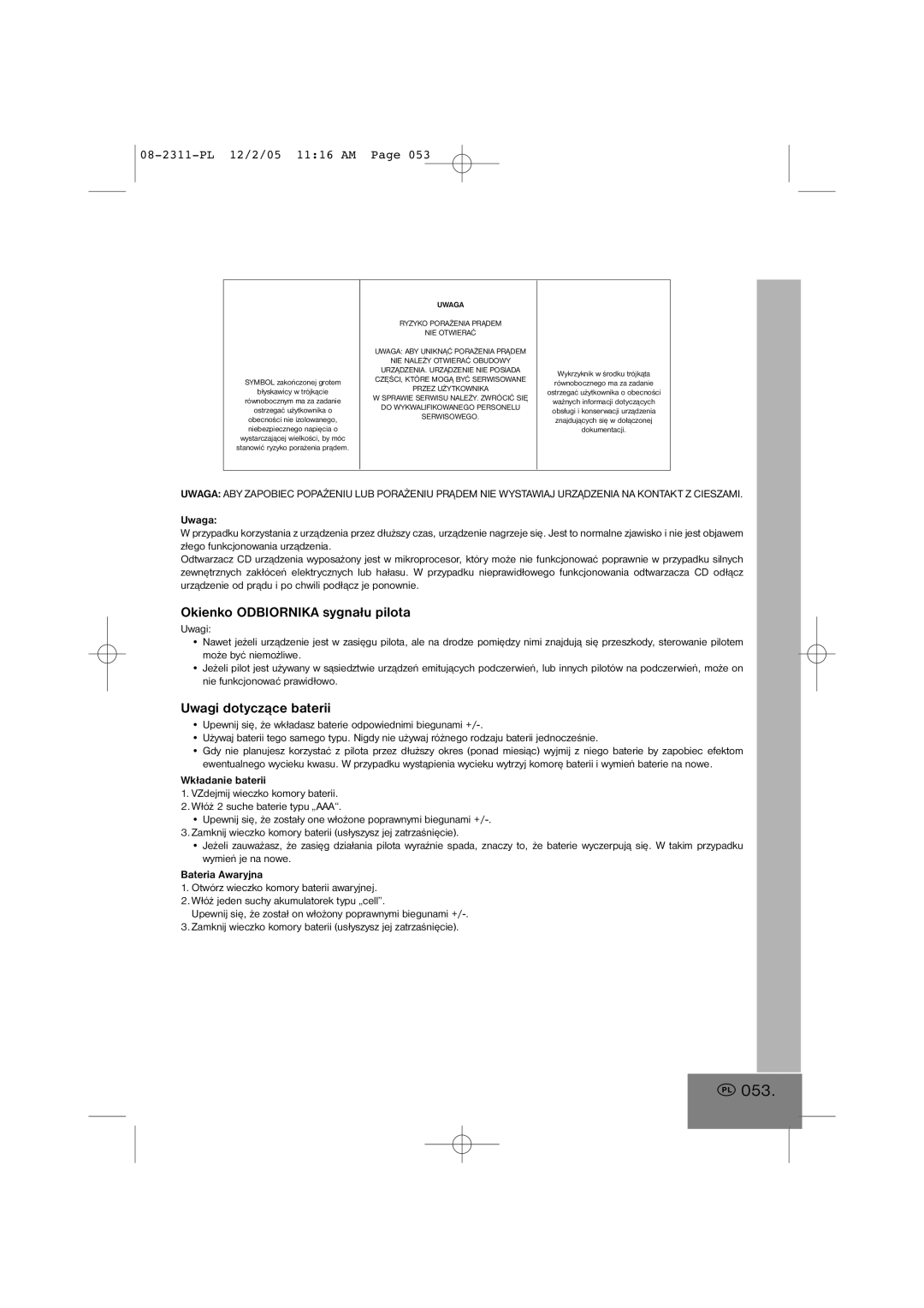 Elta 2311 manual 053, Okienko Odbiornika sygnału pilota, Uwagi dotyczące baterii 