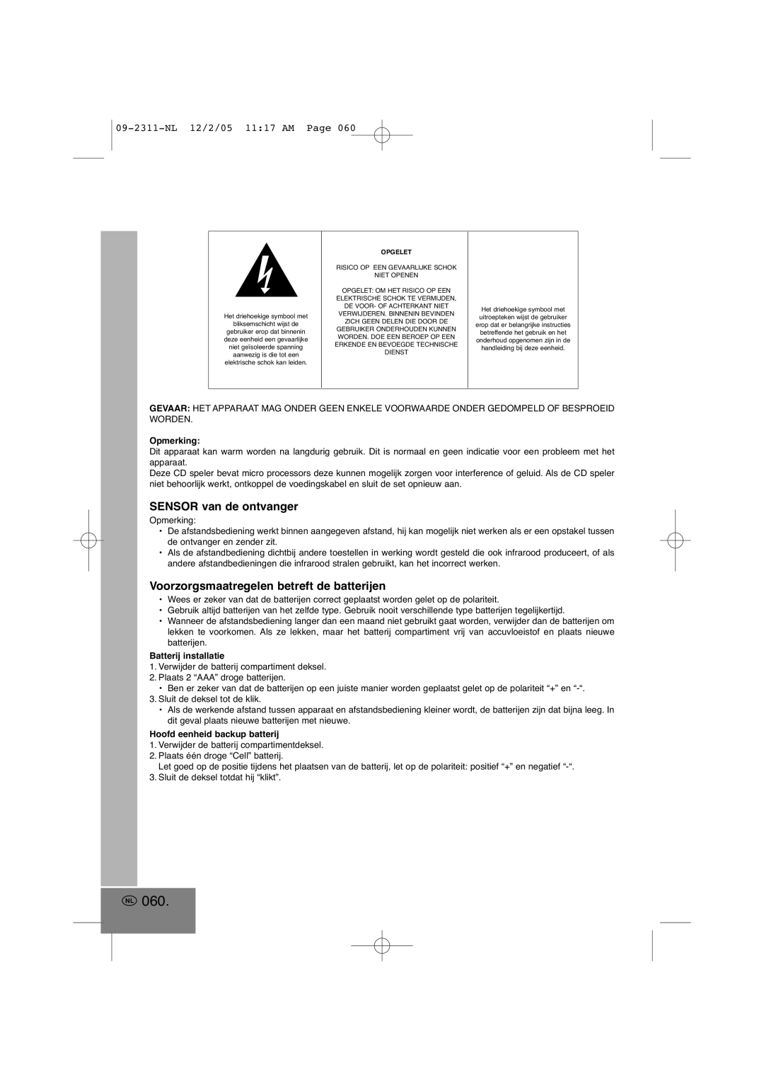 Elta 2311 manual 060, Sensor van de ontvanger, Voorzorgsmaatregelen betreft de batterijen 