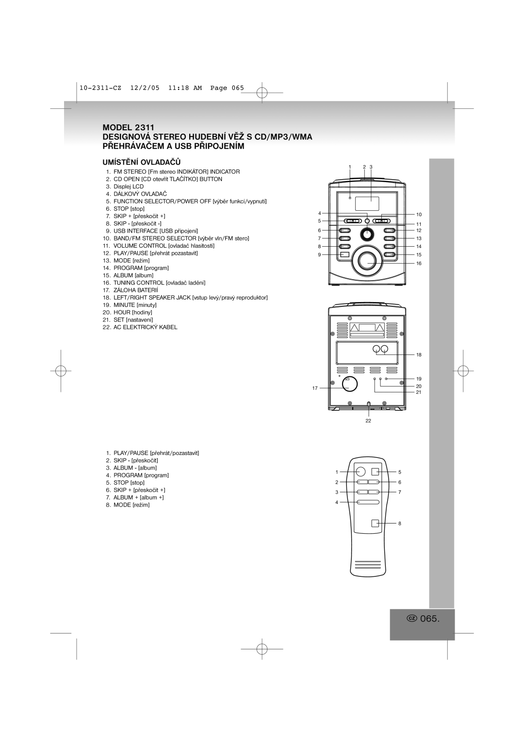 Elta 2311 manual 065, Umístění Ovladačů 