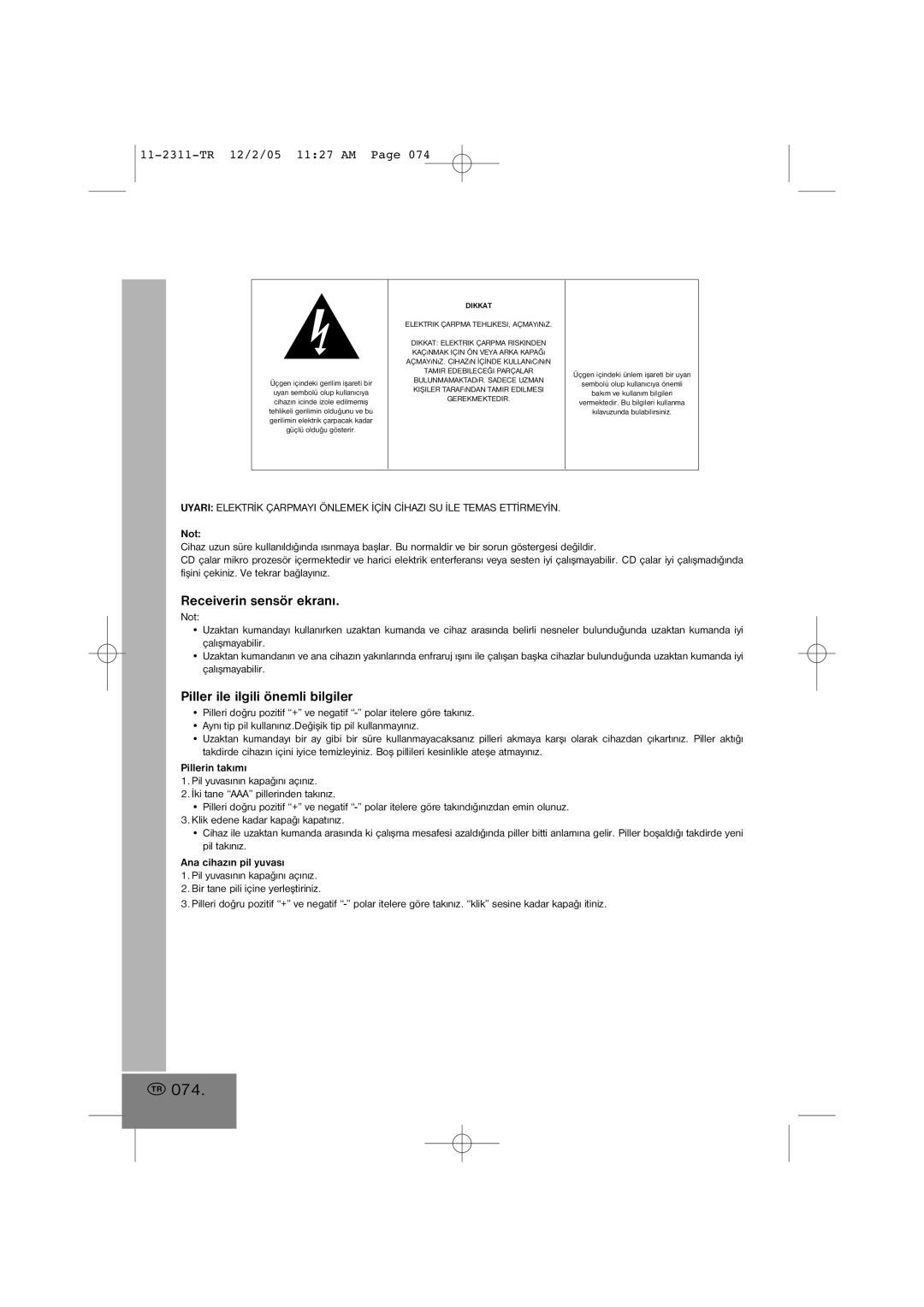 Elta 2311 manual 074, Receiverin sensör ekraný, Piller ile ilgili önemli bilgiler 