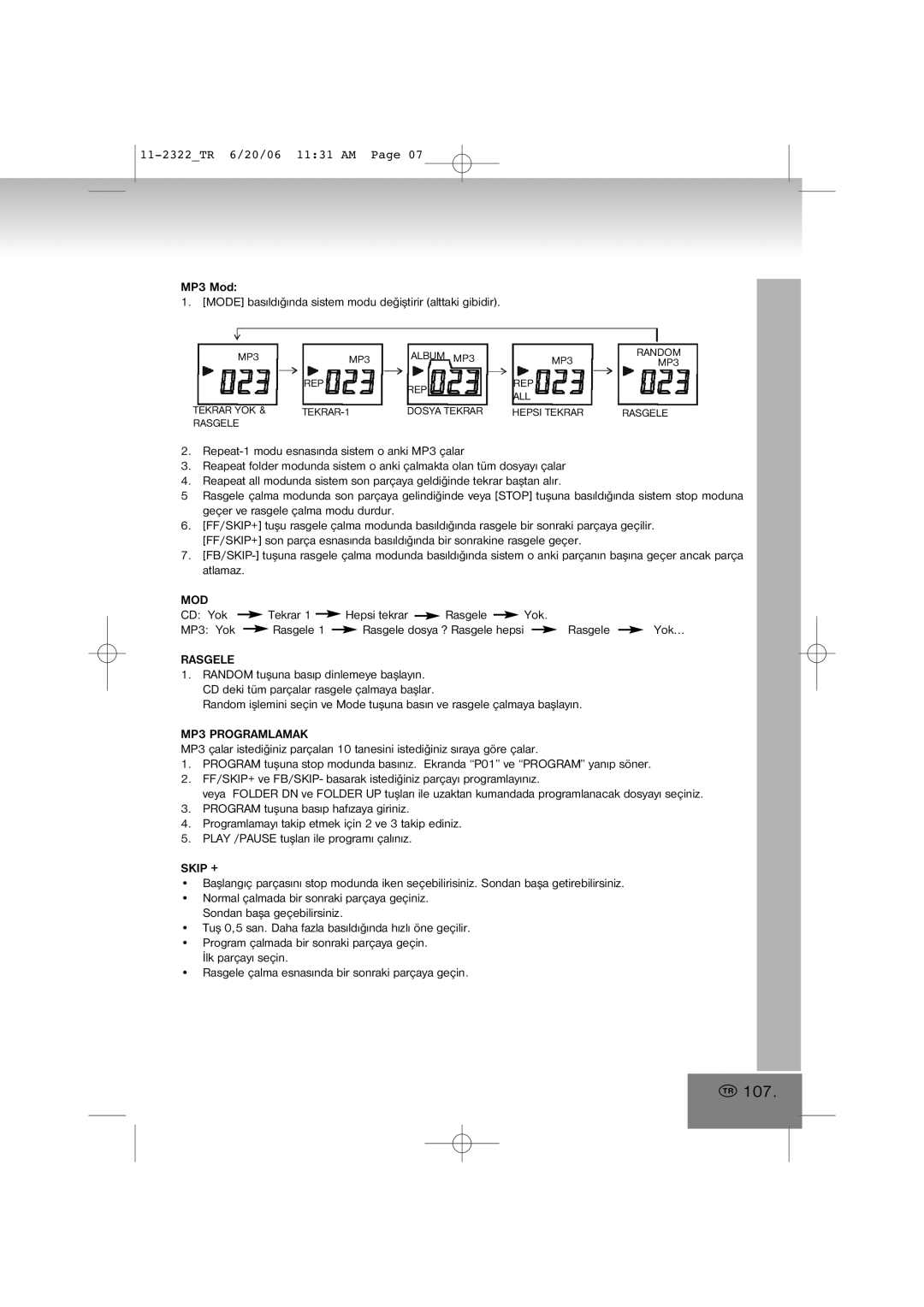 Elta 2322 manual 107, Mod, Rasgele, MP3 Programlamak 