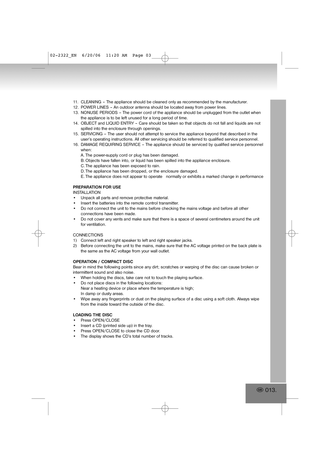 Elta 2322 manual Preparation for USE Installation, Connections, Operation / Compact Disc, Loading the Disc 