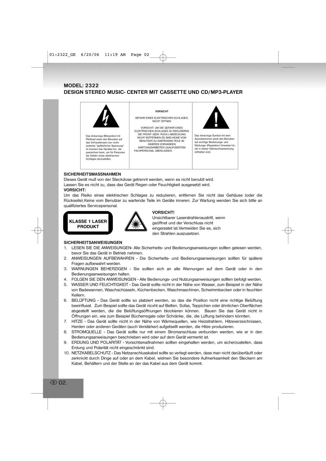 Elta manual 01-2322GE 6/20/06 1119 AM, Sicherheitsmassnahmen, Vorsicht, Sicherheitsanweisungen 