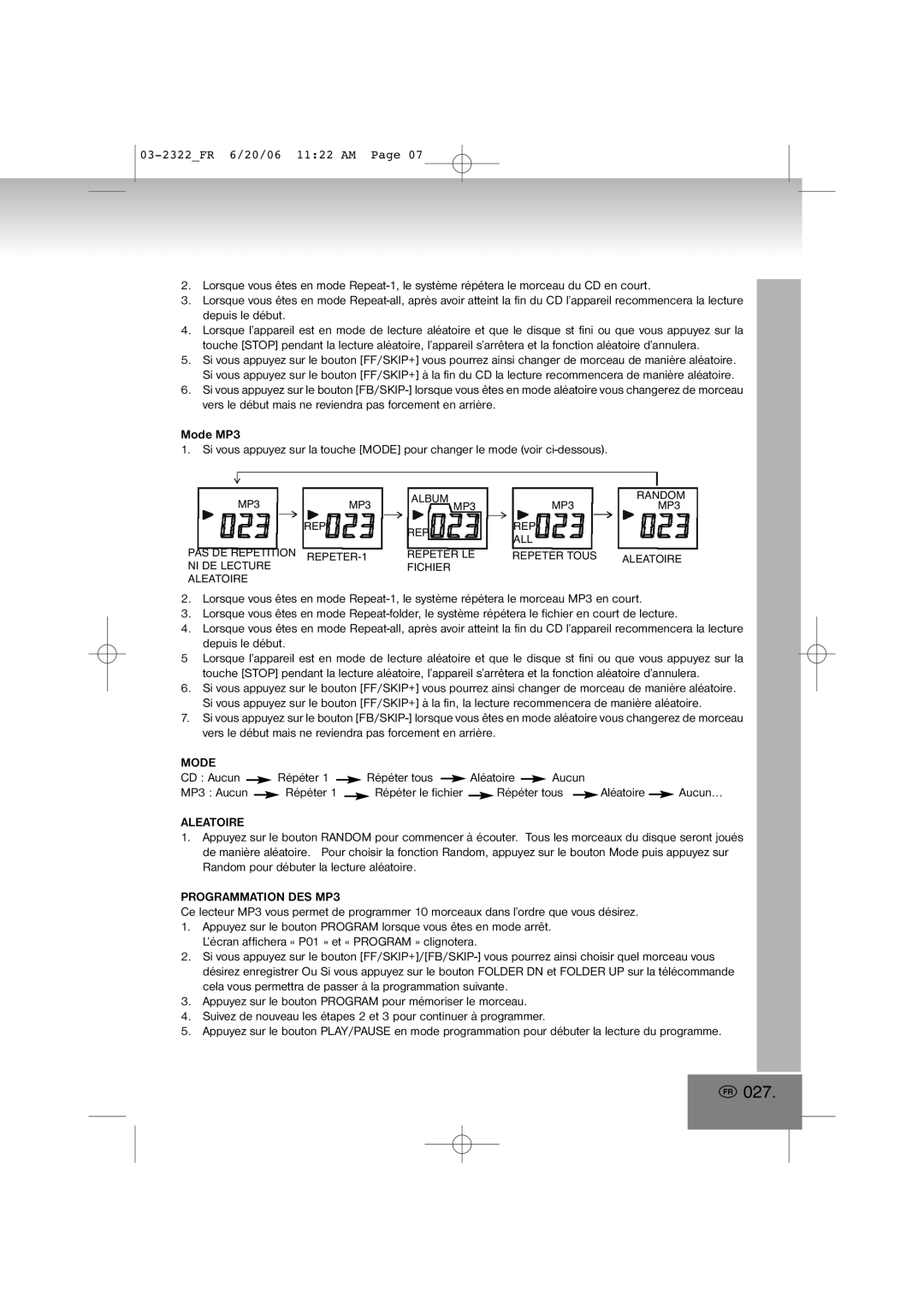 Elta 2322 manual 027, Aleatoire, Programmation DES MP3 