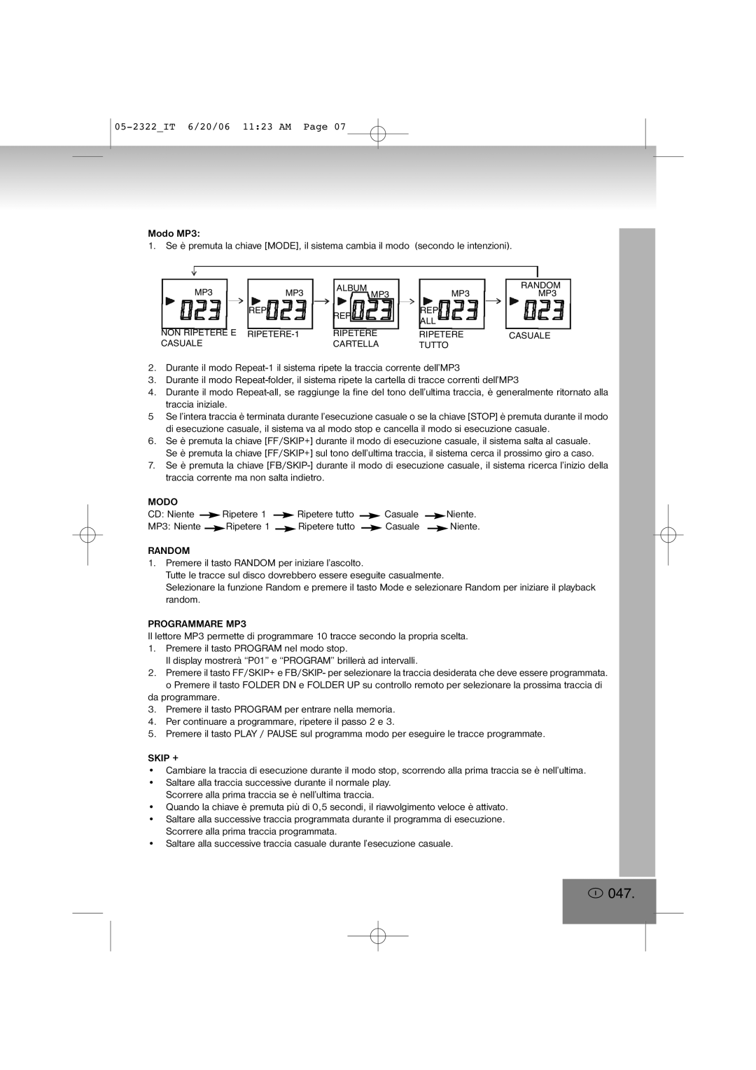 Elta 2322 manual 047, Modo, Programmare MP3 