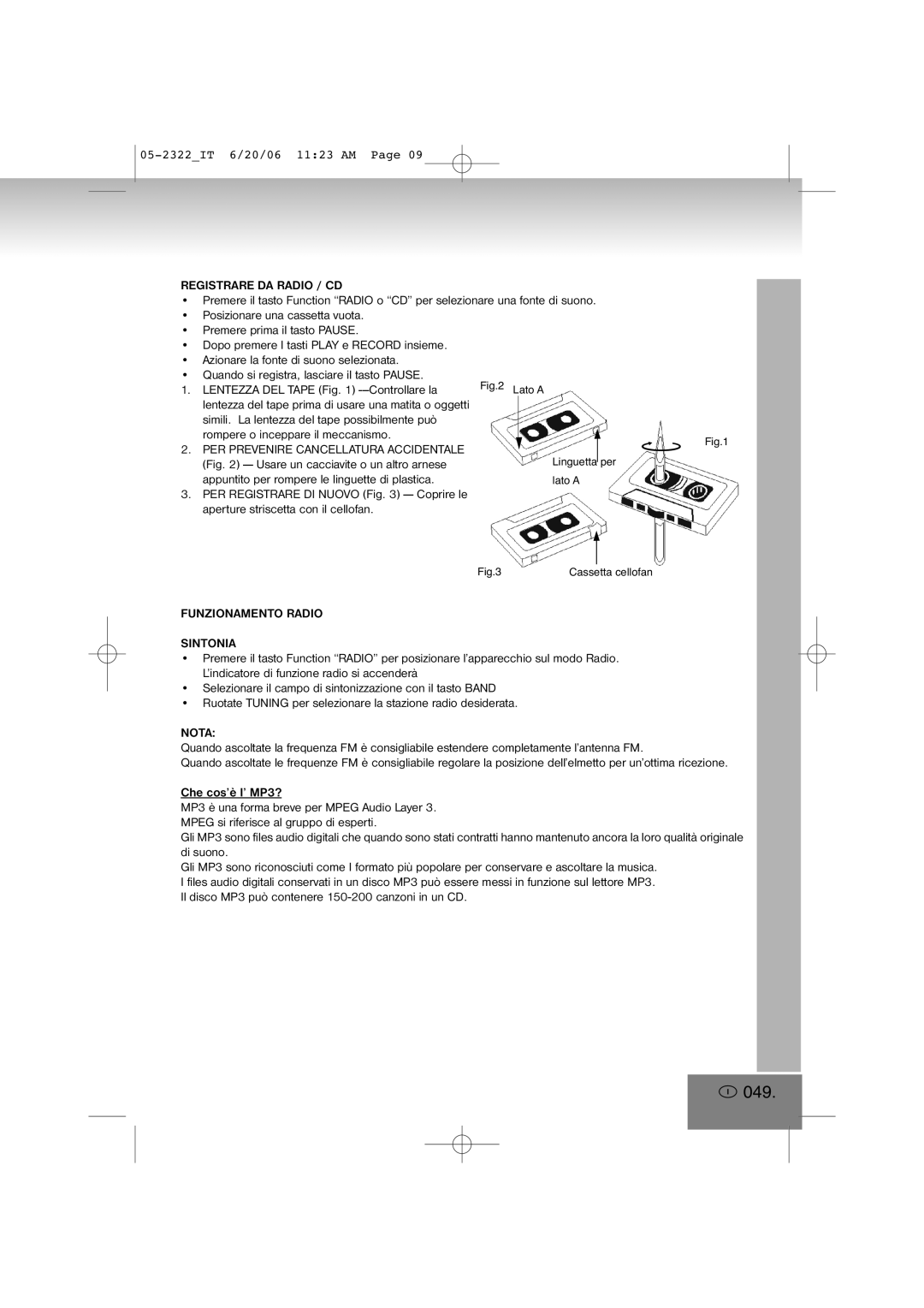 Elta 2322 manual 049, Registrare DA Radio / CD, PER Prevenire Cancellatura Accidentale, Funzionamento Radio Sintonia, Nota 