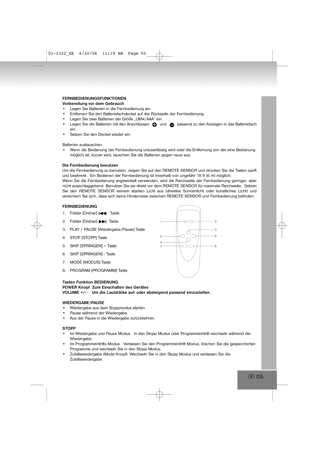 Elta 2322 manual Fernbedienungsfunktionen, Wiedergabe/Pause, Stopp 