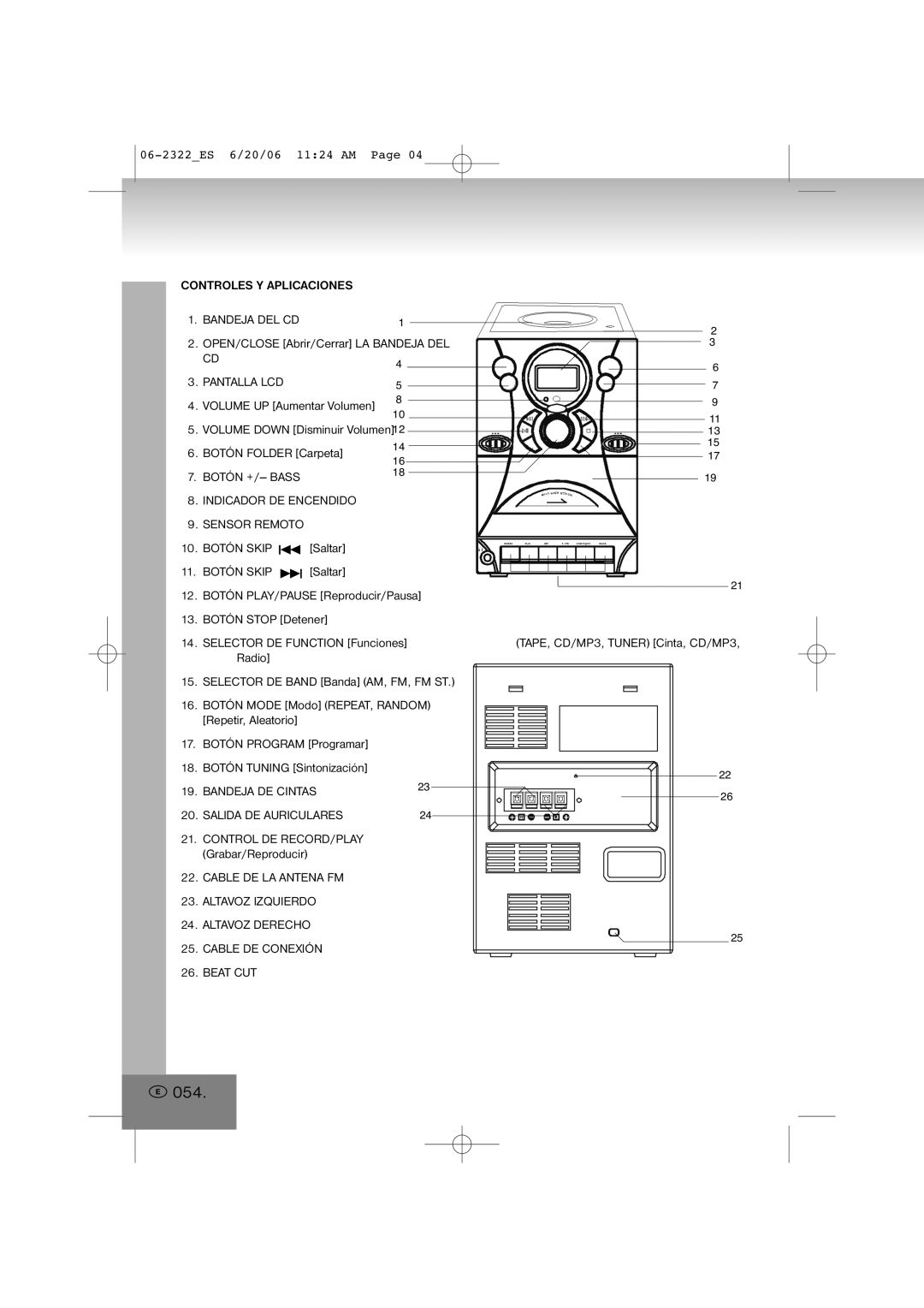 Elta 2322 054, Controles Y Aplicaciones Bandeja DEL CD, Pantalla LCD, Botón +/-- Bass Indicador DE Encendido Sensor Remoto 