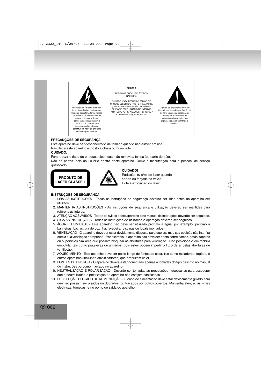 Elta manual 062, 07-2322PT 6/20/06 1125 AM, Precauções DE Segurança, Cuidado, Instruções DE Segurança 