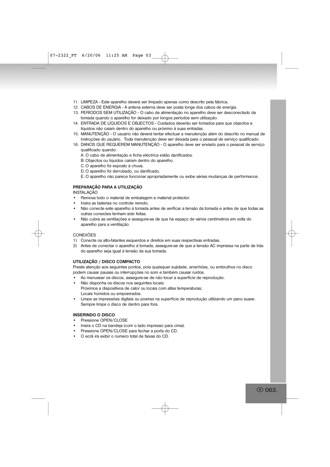 Elta 2322 manual 063, Preparação Para a Utilização Instalação, Conexões, Utilização / Disco Compacto, Inserindo O Disco 