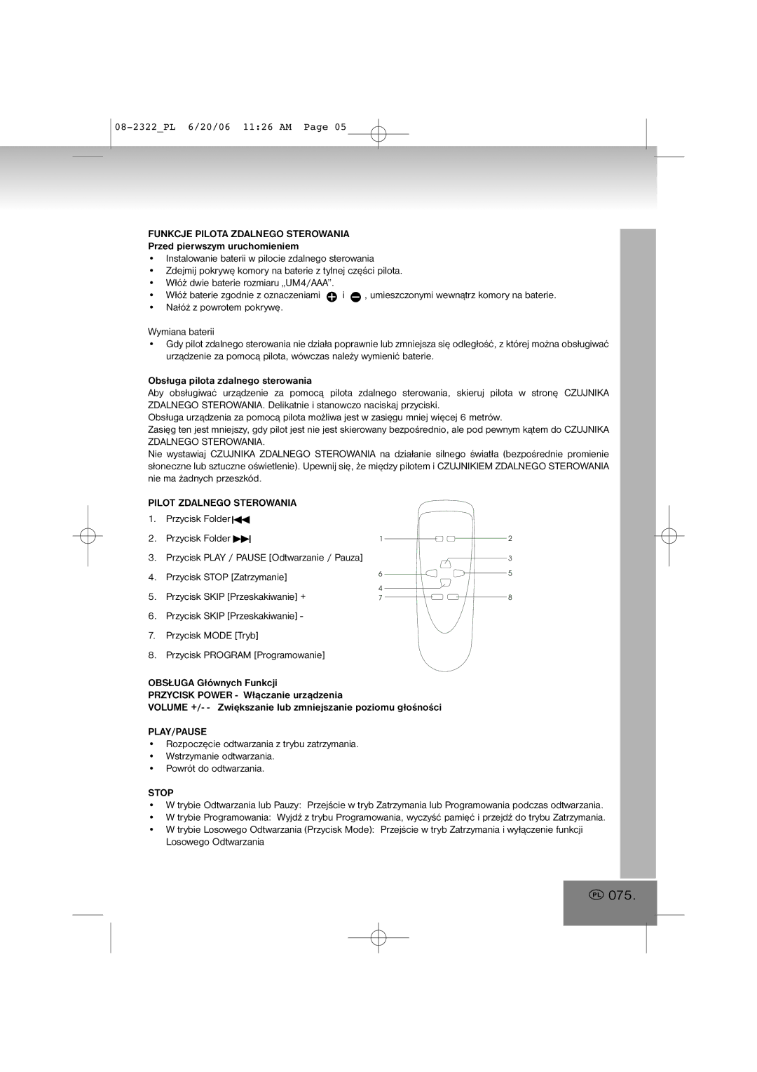 Elta 2322 manual 075, Funkcje Pilota Zdalnego Sterowania, Pilot Zdalnego Sterowania 