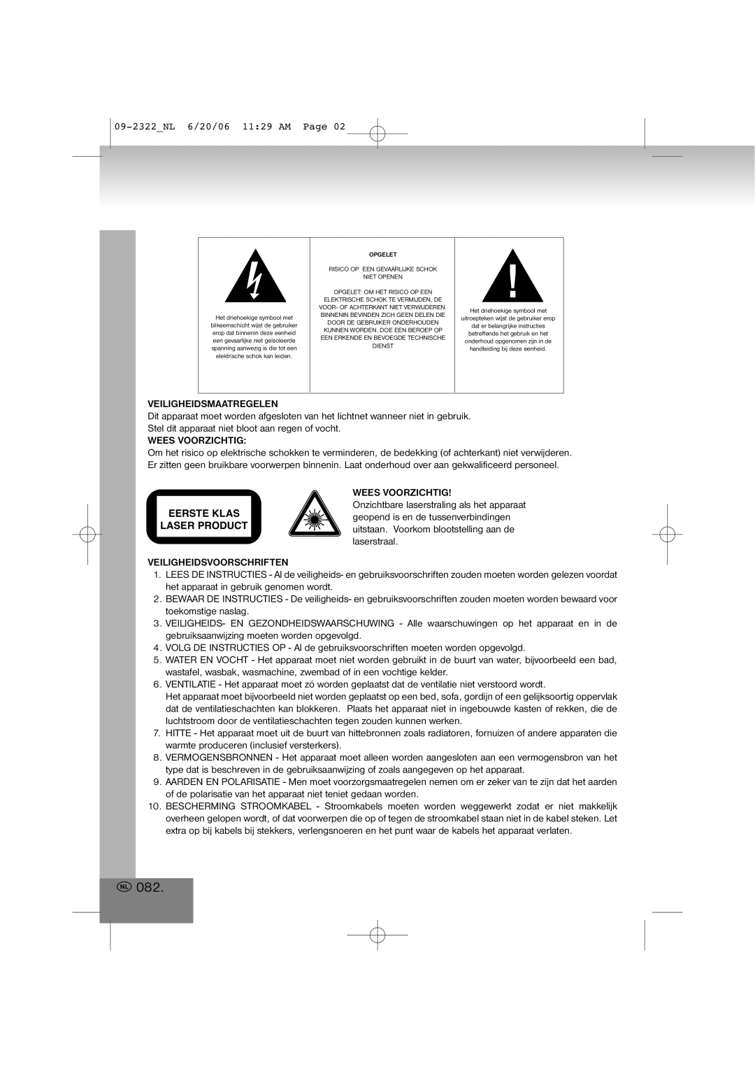 Elta manual 082, 09-2322NL 6/20/06 1129 AM, Veiligheidsmaatregelen, Wees Voorzichtig, Veiligheidsvoorschriften 