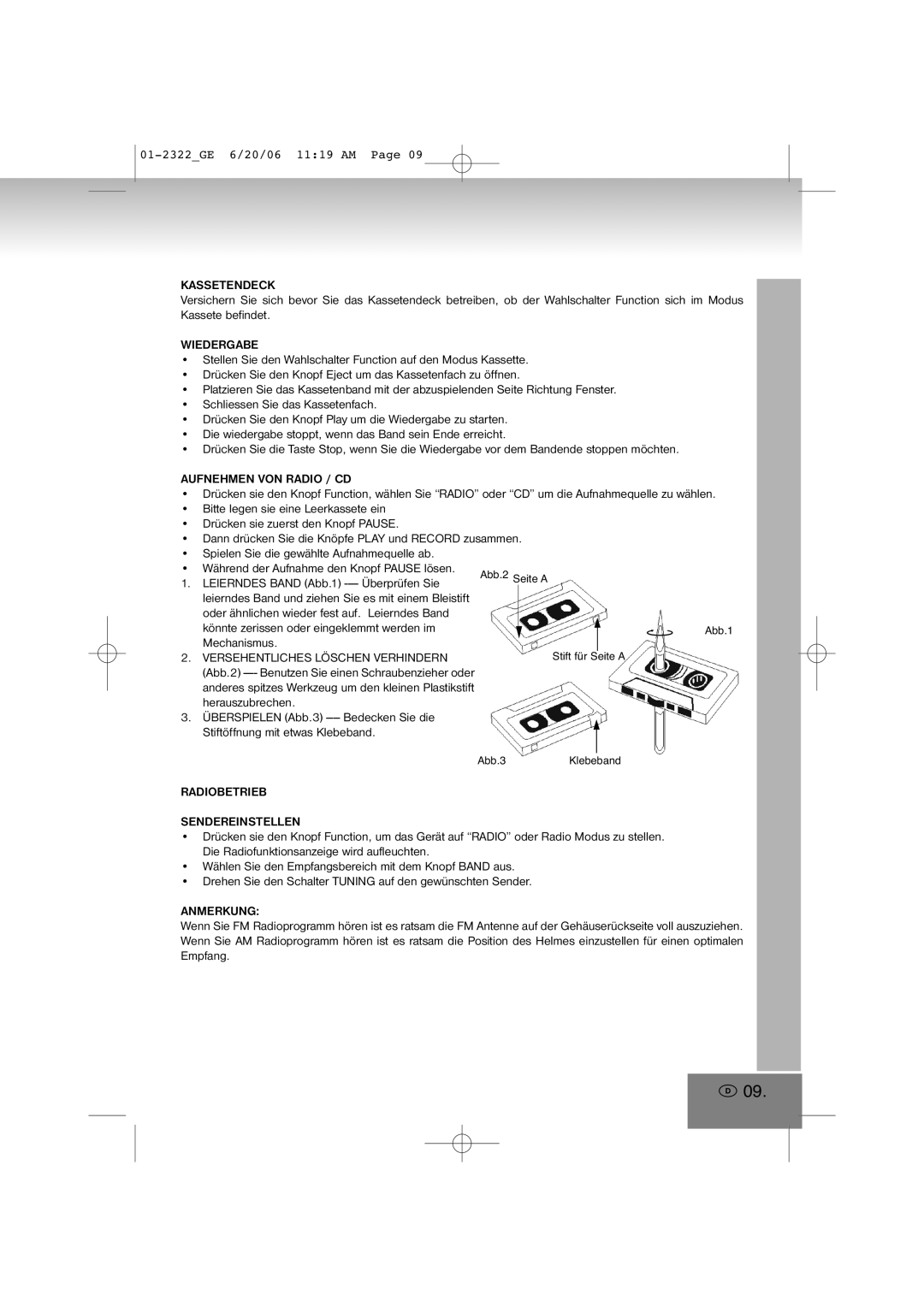 Elta 2322 manual Kassetendeck, Wiedergabe, Aufnehmen VON Radio / CD, Versehentliches Löschen Verhindern, Anmerkung 