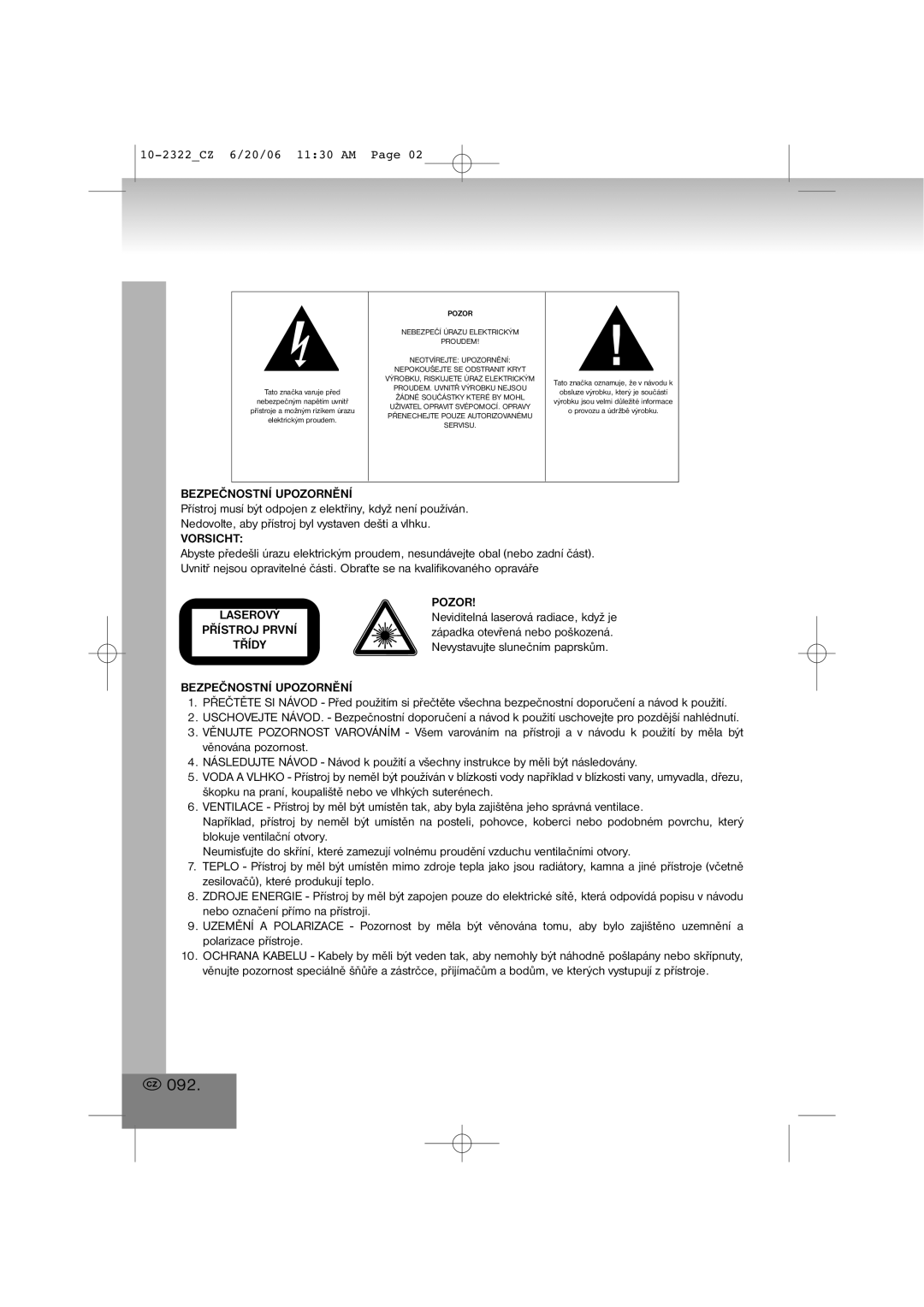 Elta manual 092, 10-2322CZ 6/20/06 1130 AM, Bezpečnostní Upozornění, Laserový Přístroj První Třídy Pozor 