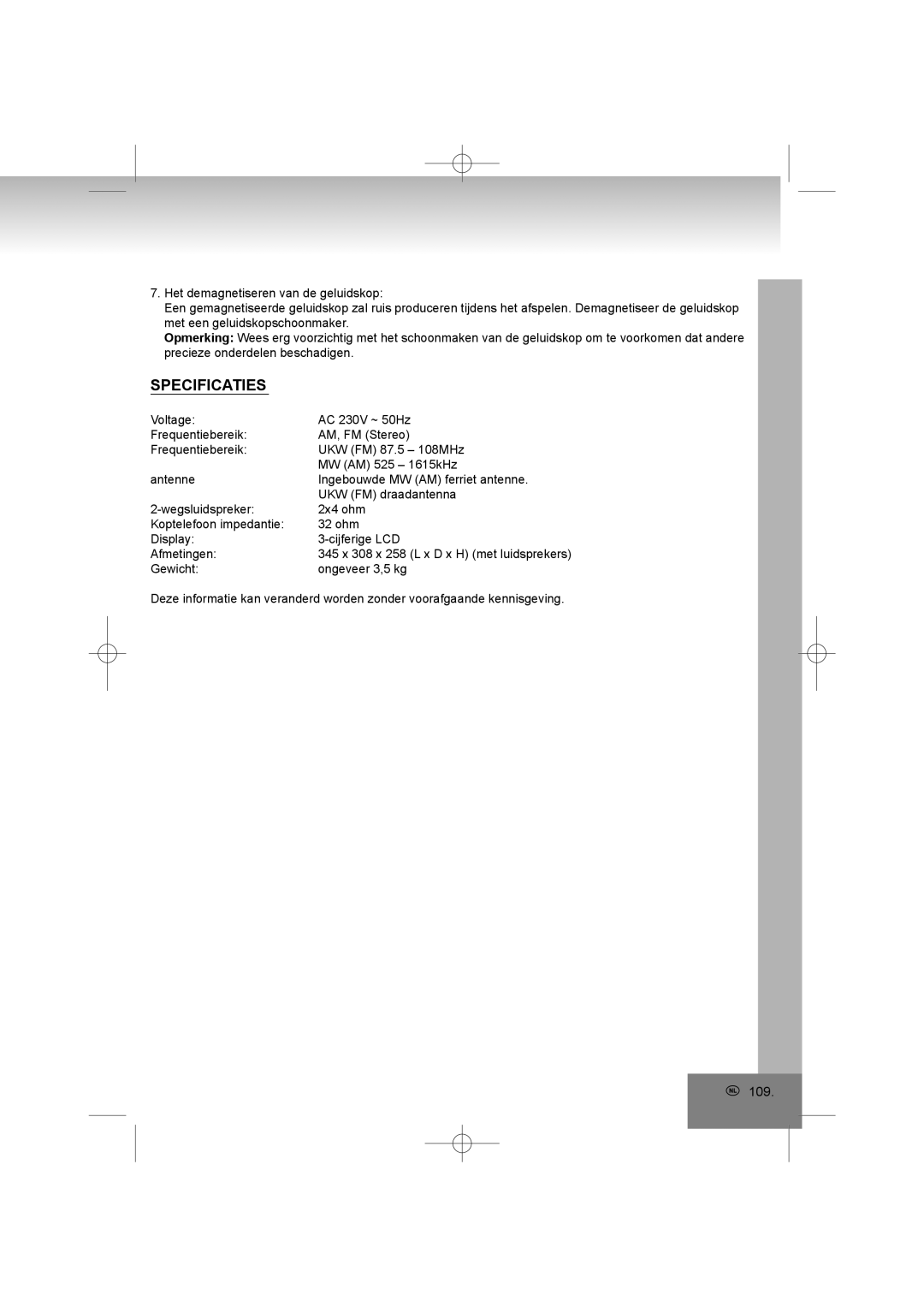 Elta 2322USB manual Specificaties 