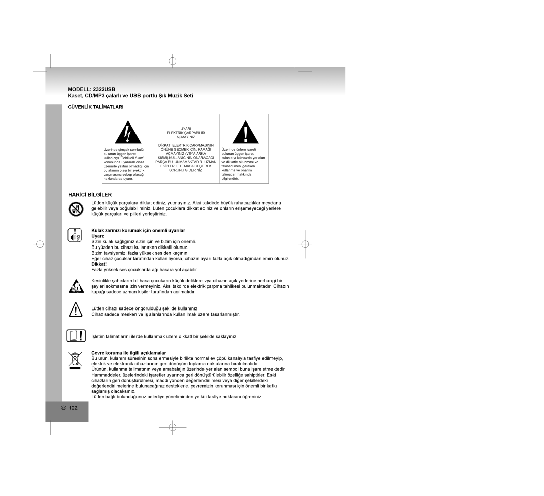 Elta 2322USB manual Harİcİ Bİlgİler, Güvenlİk Talİmatlari, Kulak zarınızı korumak için önemli uyarılar Uyarı, Dikkat 