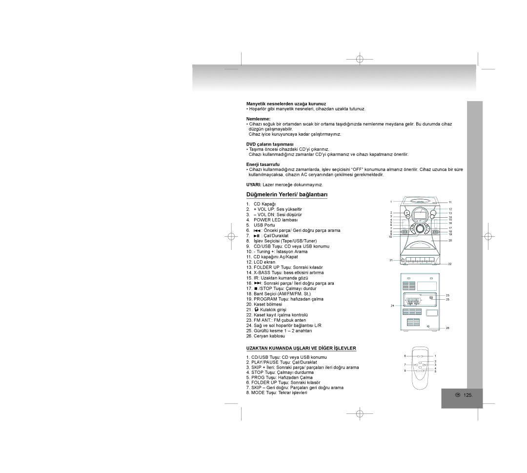 Elta 2322USB manual Düğmelerin Yerleri/ bağlantıarı, Uzaktan Kumanda Uşlari VE Dİğer İşlevler 